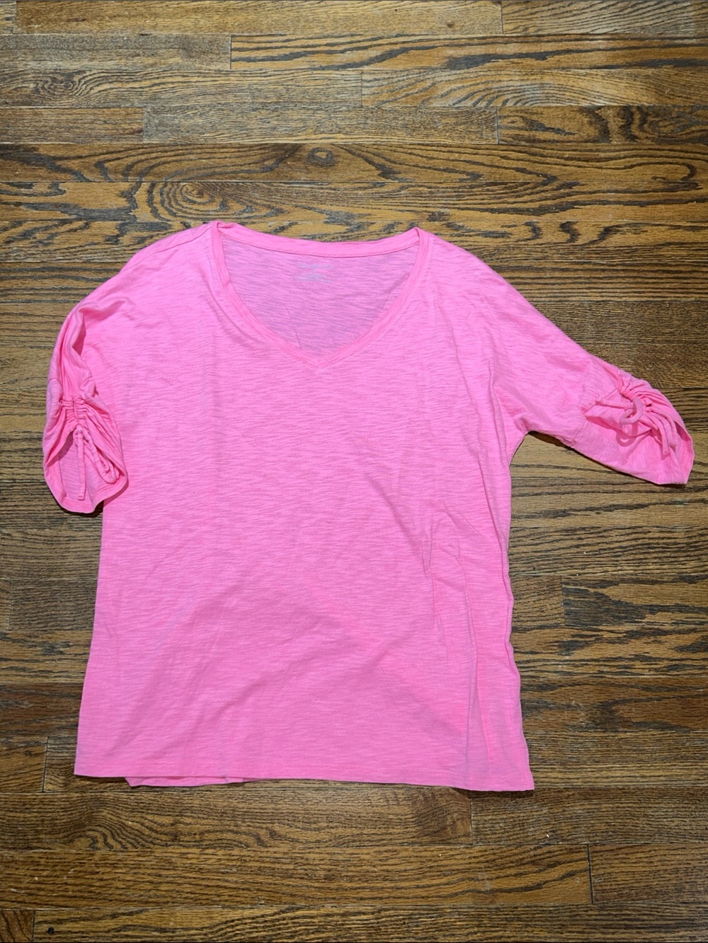 Talbots Pink V-Neck Short Sleeve Top with Ruched Sleeves
